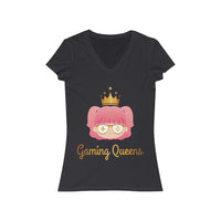 Gaming Queens T-Shirt (V-Neck, Gold Logo) grey